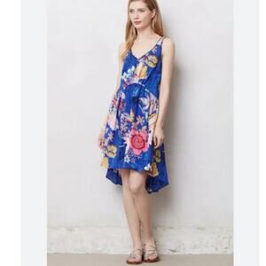 Anthropologie Leifsdottir‎ Blue Silk Tropical Floral Sleeveless Dress Size 4